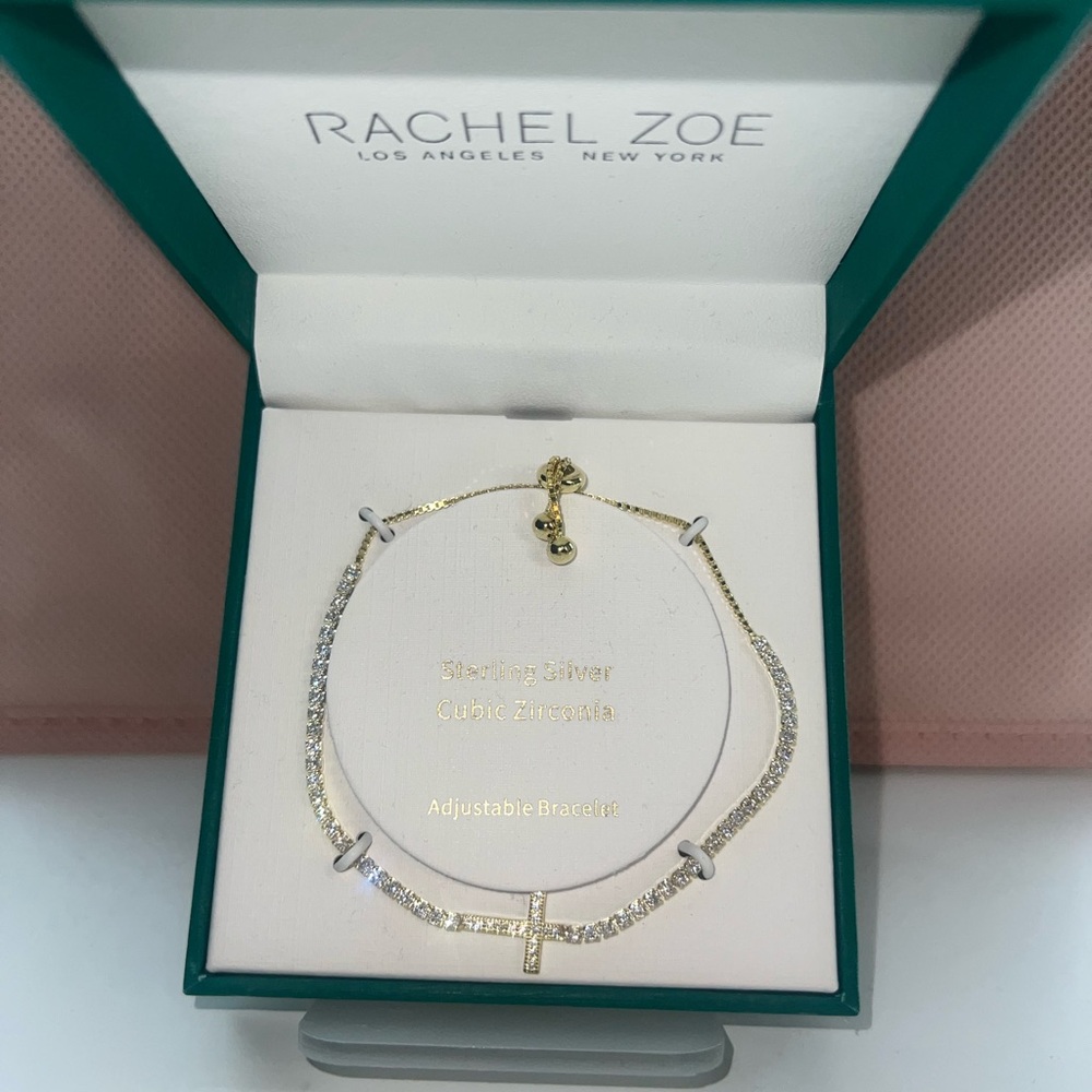 Rachel Zoe Cubic Zirconia Cross Sterling Silver 925 Adjustable Slider Bracelet